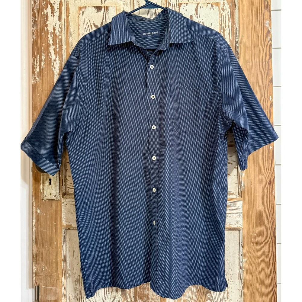Austin Reed English Fit Short Sleeve 100% Cotton Dot Shirt - Navy - Large